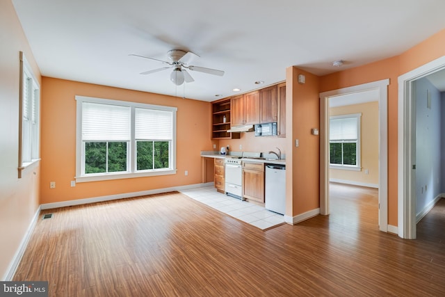 kitchen with dishwashing machine, ceiling fan, light wood-type flooring, and sink