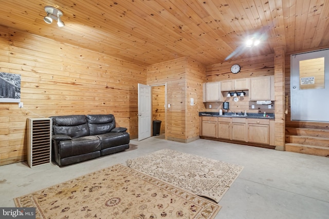 living room featuring wood ceiling, sink, and wooden walls