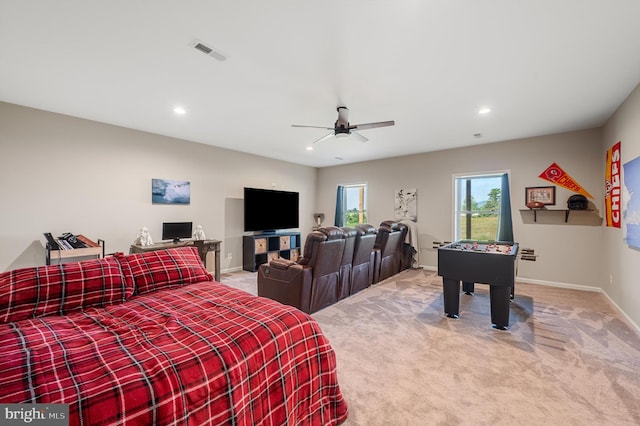 carpeted bedroom featuring ceiling fan