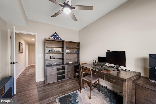 office space with dark hardwood / wood-style floors and ceiling fan