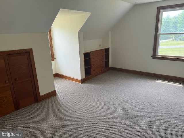 additional living space featuring light colored carpet and lofted ceiling