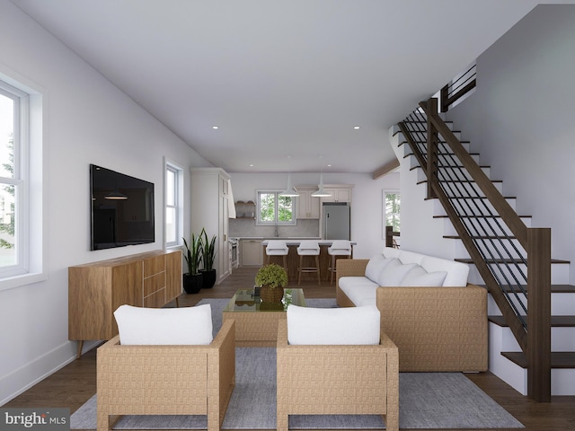 living room with sink and dark hardwood / wood-style floors