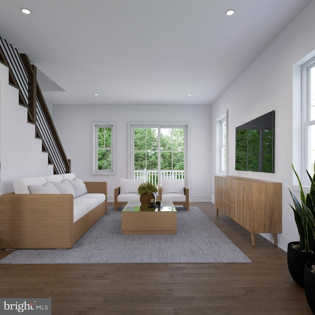 living room featuring dark wood-type flooring