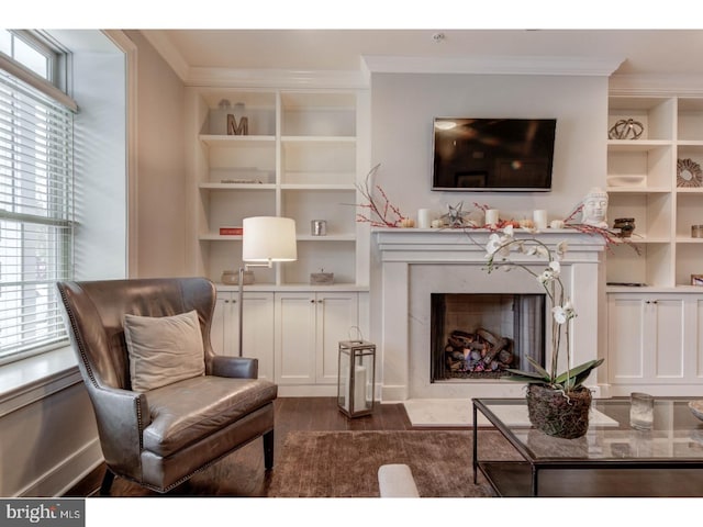 sitting room with a fireplace, built in shelves, dark hardwood / wood-style floors, and a wealth of natural light