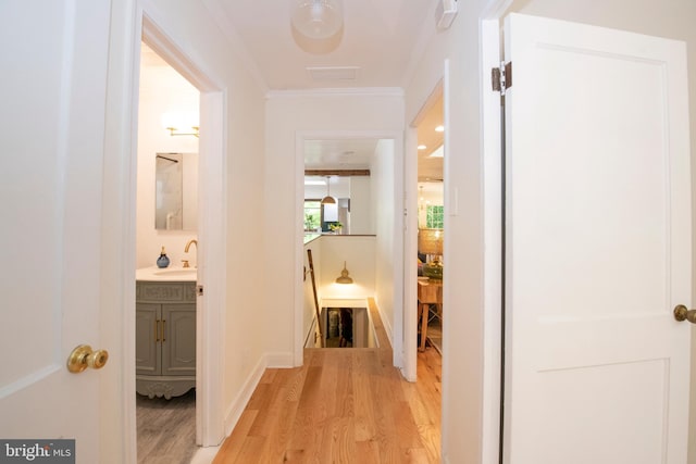 hall featuring light hardwood / wood-style floors, crown molding, and sink