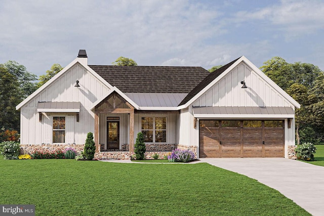 modern inspired farmhouse with a garage and a front yard