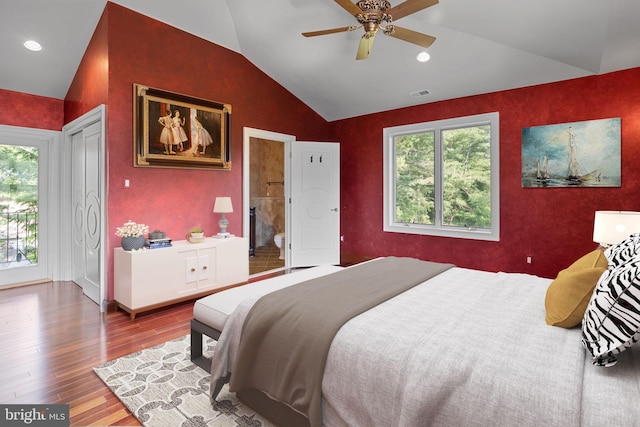 bedroom with hardwood / wood-style floors, ceiling fan, access to exterior, and lofted ceiling