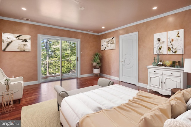 bedroom with access to exterior, ornamental molding, and dark wood-type flooring