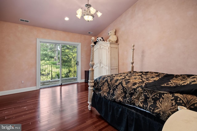 bedroom featuring vaulted ceiling, access to exterior, a chandelier, and dark hardwood / wood-style floors