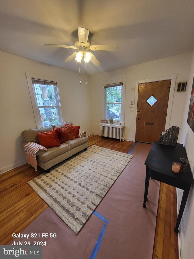 living room with ceiling fan, wood-type flooring, and radiator heating unit