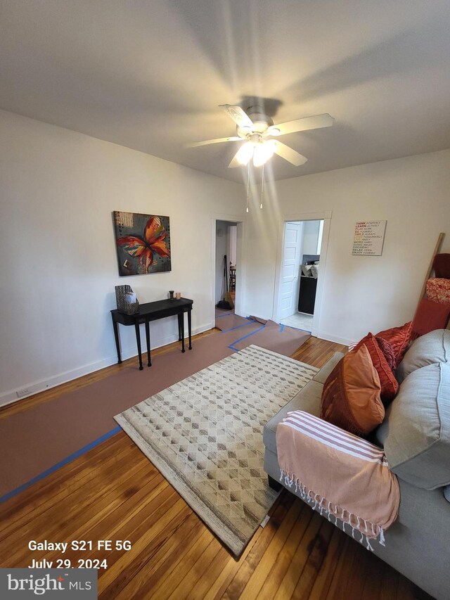 living room with ceiling fan and wood-type flooring