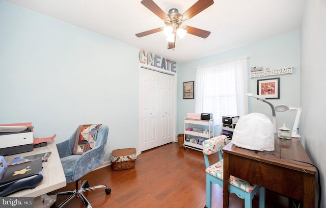 home office featuring ceiling fan and wood finished floors