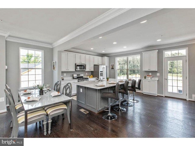 kitchen featuring a kitchen breakfast bar, white cabinetry, a center island, and stainless steel appliances