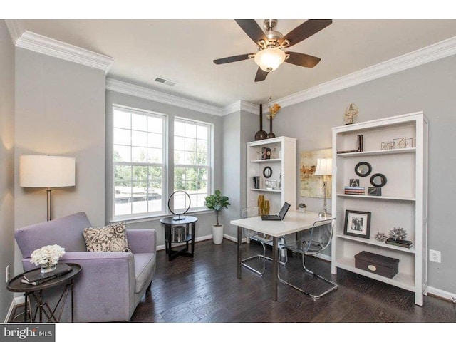 office with ceiling fan, dark hardwood / wood-style flooring, and ornamental molding