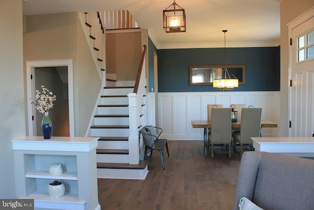 foyer entrance featuring ornamental molding and dark hardwood / wood-style flooring