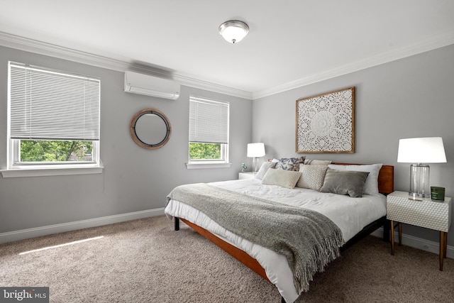 carpeted bedroom featuring a wall unit AC, multiple windows, and crown molding