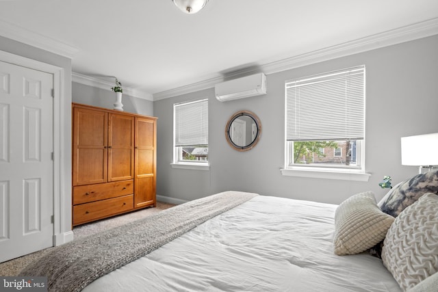 carpeted bedroom featuring a wall unit AC, multiple windows, and crown molding