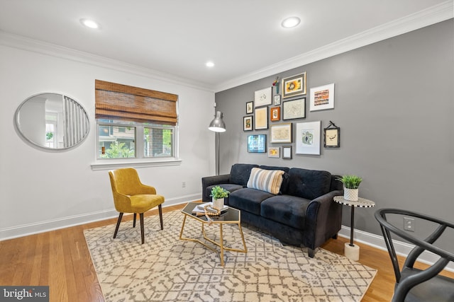 living room featuring hardwood / wood-style floors and crown molding