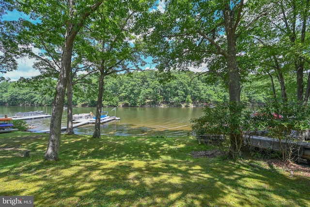 view of yard featuring a boat dock and a water view