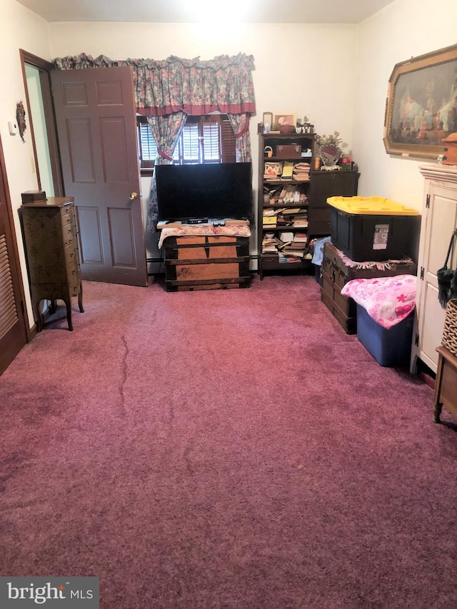 interior space featuring dark colored carpet