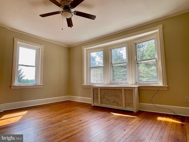 unfurnished room with ceiling fan, a healthy amount of sunlight, and light wood-type flooring