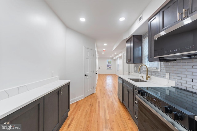 kitchen with sink, appliances with stainless steel finishes, decorative backsplash, and light hardwood / wood-style floors