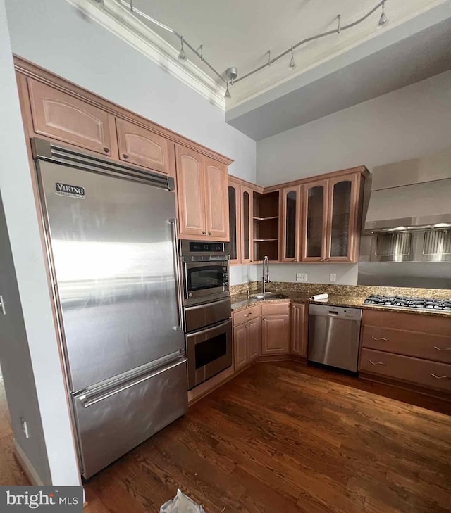 kitchen with track lighting, sink, dark hardwood / wood-style floors, and stainless steel appliances