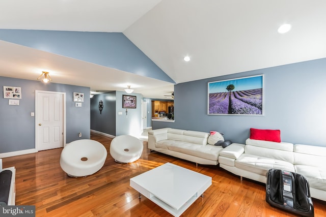 living room featuring wood-type flooring and high vaulted ceiling