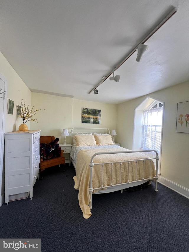 carpeted bedroom with rail lighting