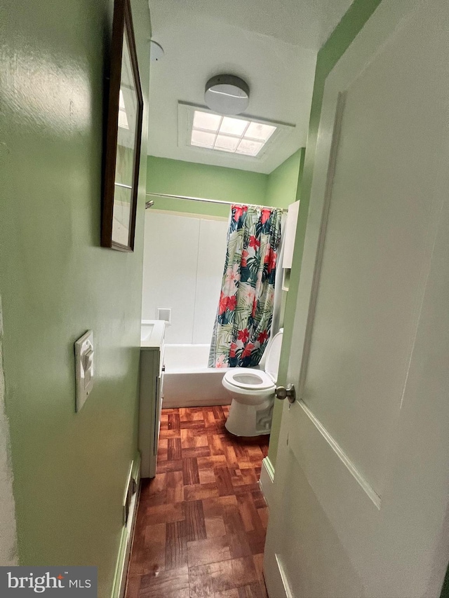 full bathroom with vanity, toilet, shower / bathtub combination with curtain, and parquet flooring