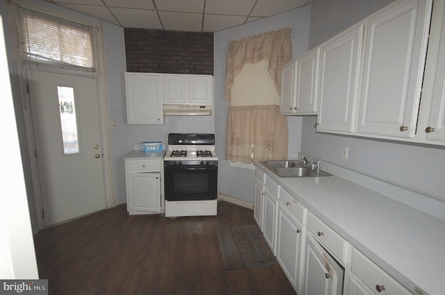 kitchen with white cabinetry, sink, dark wood-type flooring, and white gas range oven