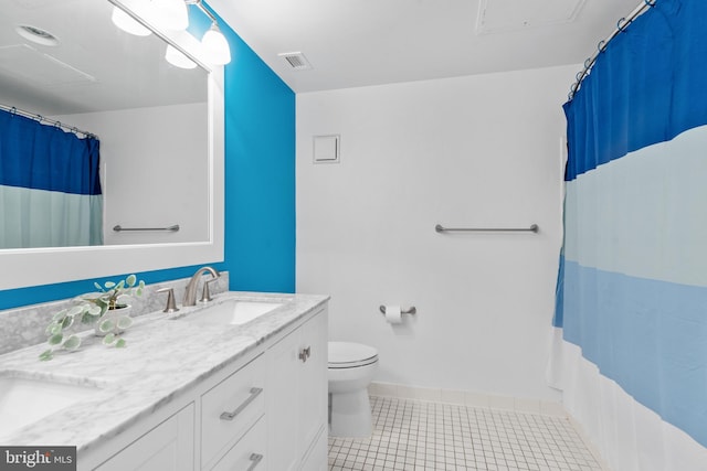 bathroom featuring tile patterned floors, vanity, toilet, and a shower with shower curtain