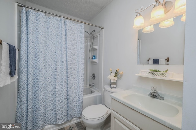 full bathroom with vanity, toilet, a textured ceiling, and shower / tub combo with curtain