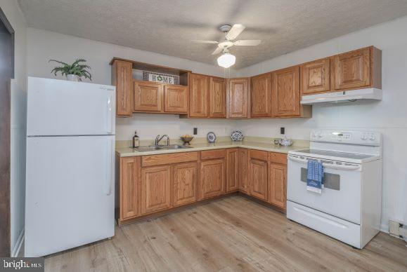 kitchen with ceiling fan, sink, white appliances, a textured ceiling, and light wood-type flooring