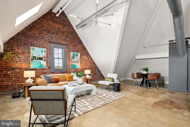 living room featuring a skylight, brick wall, beamed ceiling, concrete flooring, and high vaulted ceiling