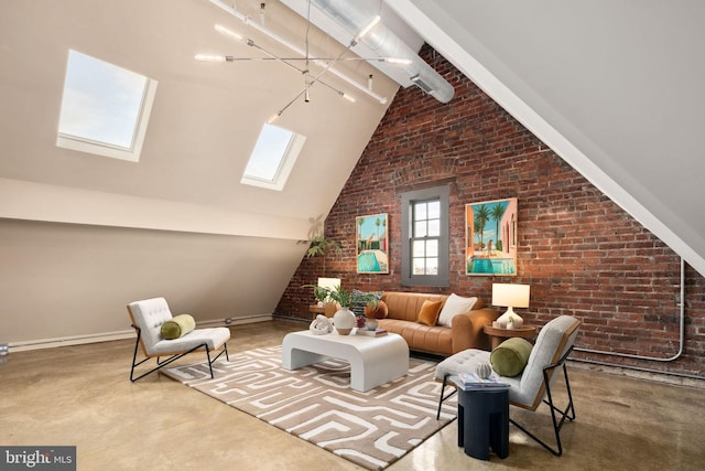 living room featuring high vaulted ceiling, a skylight, concrete floors, and brick wall