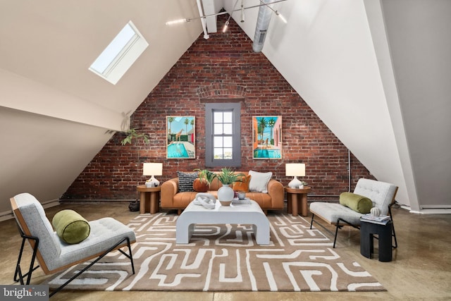 sitting room with a skylight, brick wall, and high vaulted ceiling