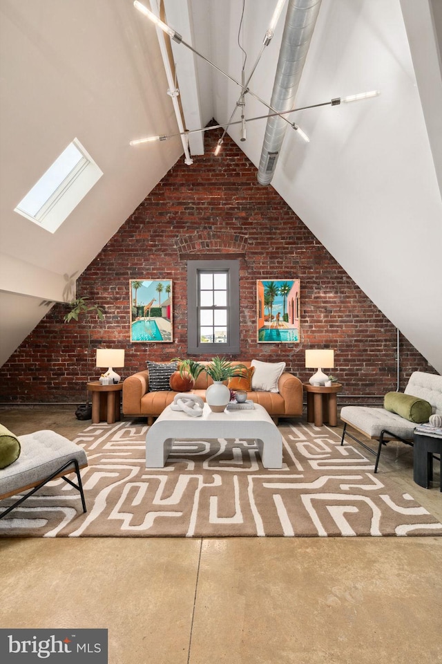 interior space featuring brick wall and lofted ceiling with skylight