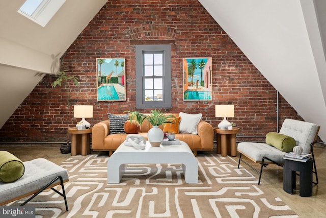 interior space with brick wall and vaulted ceiling with skylight