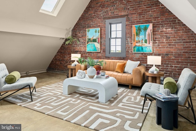 sitting room featuring brick wall and vaulted ceiling with skylight