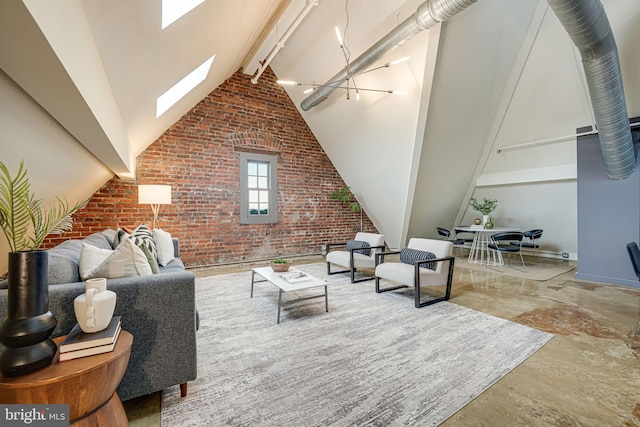 living room with high vaulted ceiling, brick wall, beamed ceiling, and a skylight