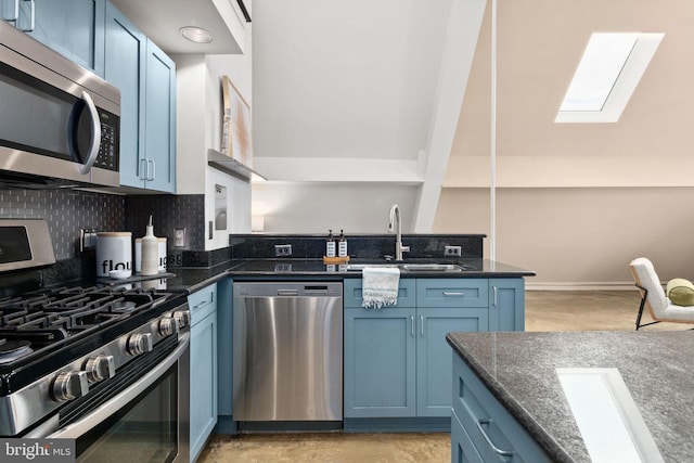 kitchen with blue cabinetry, appliances with stainless steel finishes, decorative backsplash, and a sink