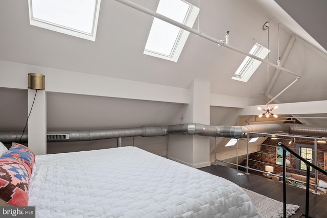 bedroom with multiple windows, high vaulted ceiling, and dark hardwood / wood-style floors