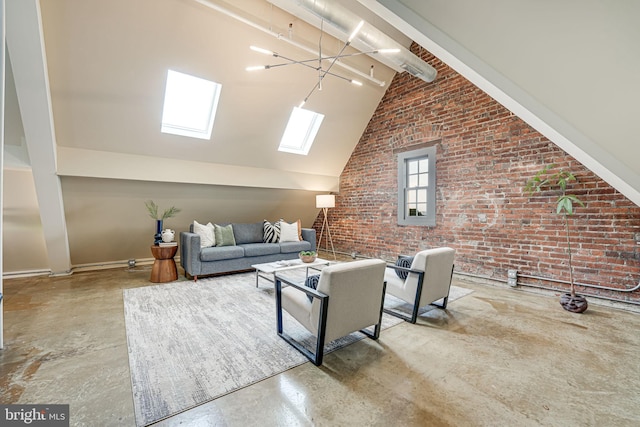 living room with high vaulted ceiling, concrete flooring, brick wall, and beam ceiling