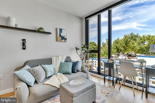 living room with expansive windows and light hardwood / wood-style floors