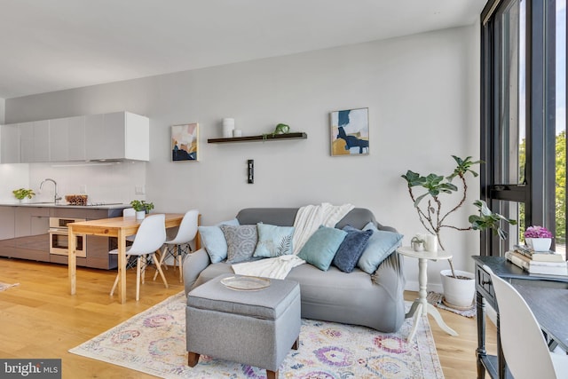 living room with sink and light hardwood / wood-style flooring