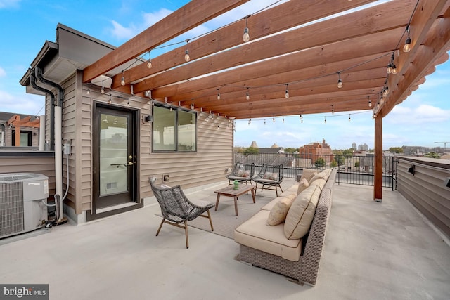 view of patio / terrace featuring an outdoor living space, cooling unit, and a pergola