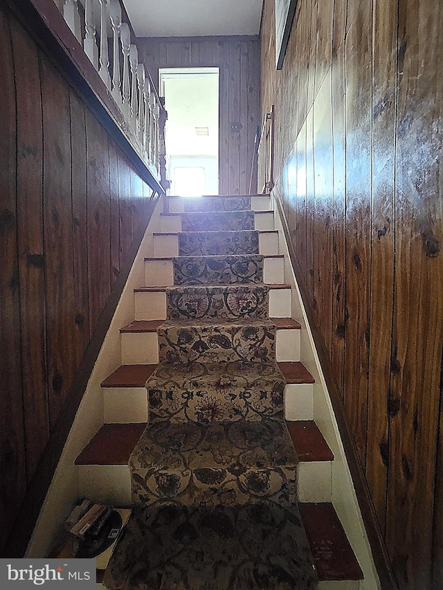 stairs featuring wood walls