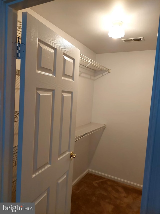 spacious closet featuring dark colored carpet