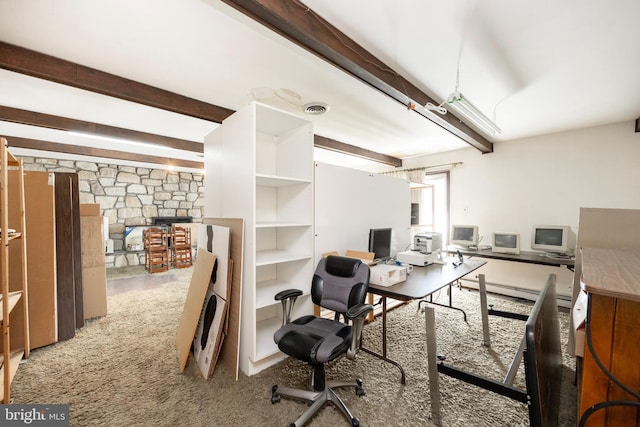 carpeted home office with beam ceiling